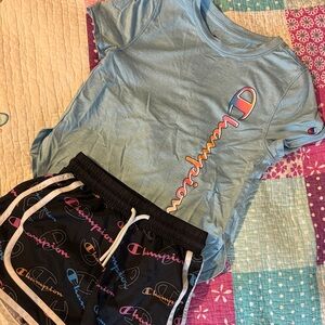Champion Light Blue Tee and Black Logo Shorts